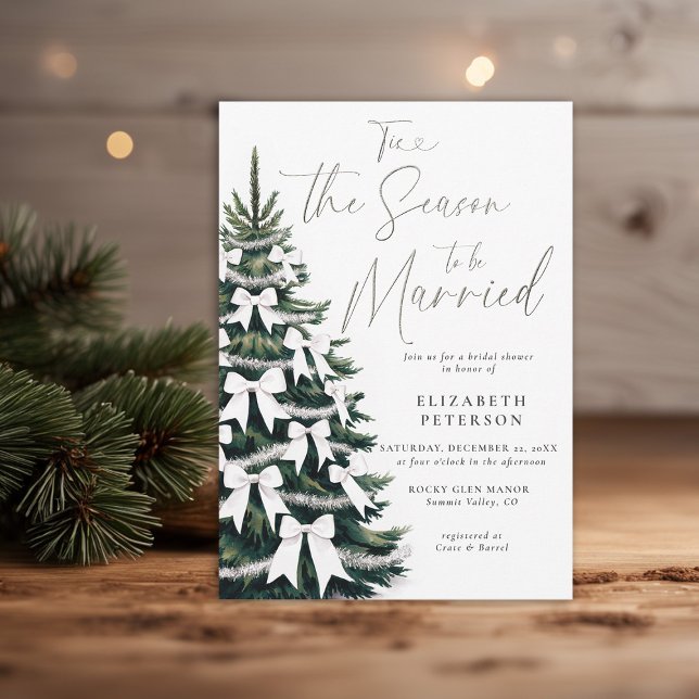 Invitación Árbol de invierno White Bows Moda Tinsel Ducha de  (winter bridal shower invitation christmas pine tree coquette white bows tinsel watercolor cozy chic)