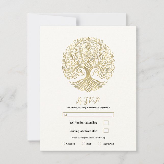 Invitación Árbol de la Vida Crema Dorado RSVP Boda Celta (Anverso)