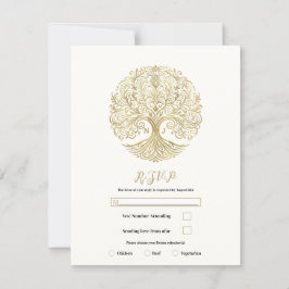 Invitación Árbol de la Vida Crema Dorado RSVP Boda Celta