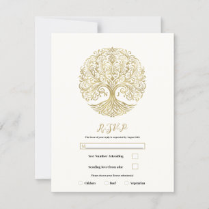 Invitación Árbol de la Vida Crema Dorado RSVP Boda Celta