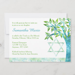 Invitación Árbol de la Vida en Acuarela Verde Turquesa Bat Mi