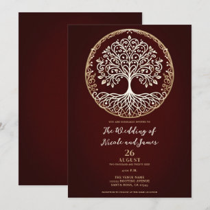 Invitación Árbol de la Vida Rústico Rojo Oscuro Boda Celta