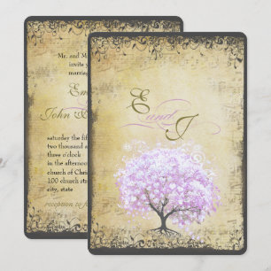 Invitación Árbol de lavanda de hoja de corazón boda de pájaro