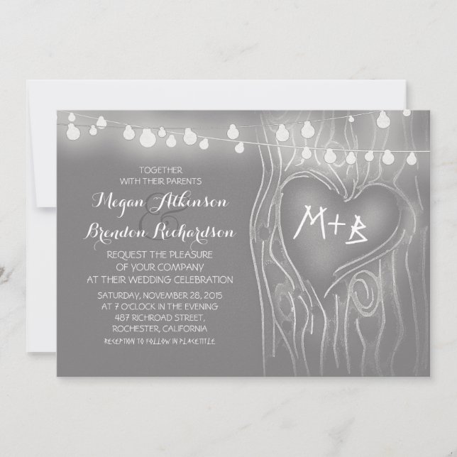 Invitación Árbol de luces de cuerda gris y elegante boda romá (Anverso)