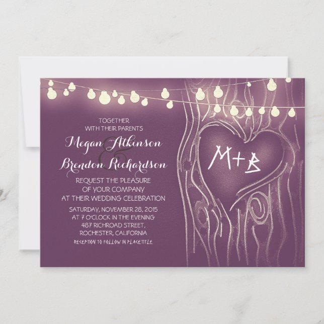 Invitación Árbol de luces de cuerda morado elegante boda romá (Anverso)