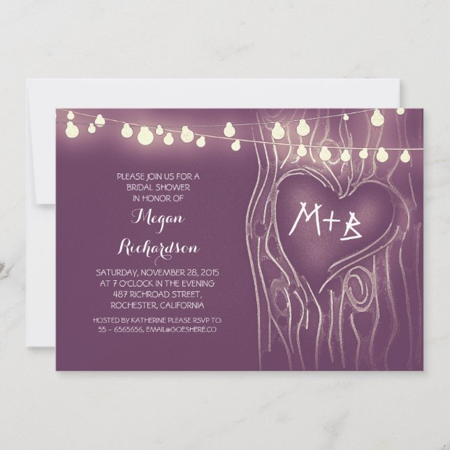 Invitación árbol de luces púrpuras ducha romántica de novia (Anverso)