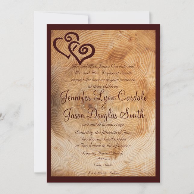 Invitación Árbol de madera de campo Anillos Corazones Invitac (Anverso)