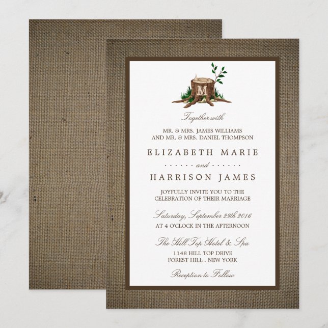 Invitación Árbol de monograma rústico y Boda Burlap (Anverso / Reverso)