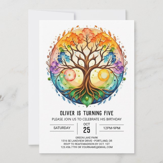 Invitación Árbol de naturaleza acuarela de cumpleaños (Anverso)