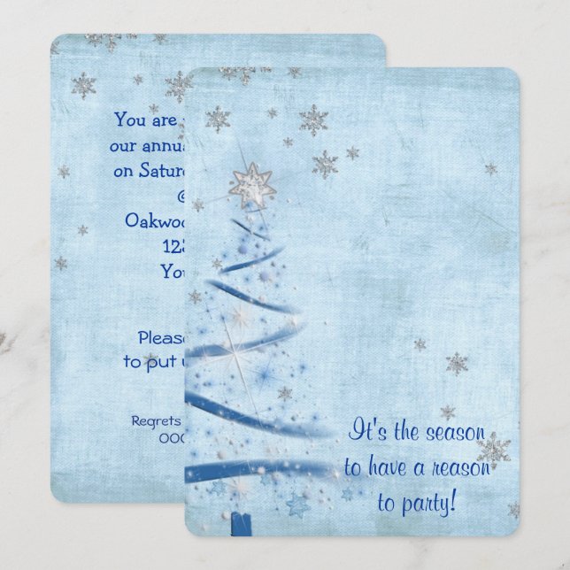 Invitación árbol de Navidad azul con copos de nieve de plata (Anverso / Reverso)