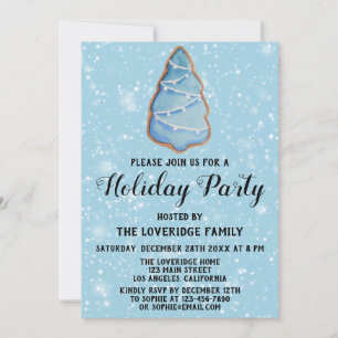 Invitación Árbol de Navidad Azul Galleta Fiesta Navideña Niev