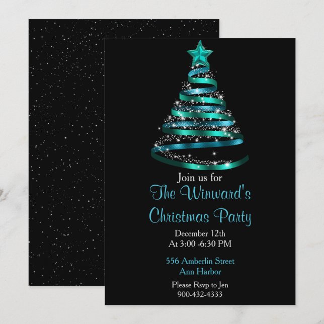 Invitación Árbol de Navidad Azul verde azulado (Anverso / Reverso)