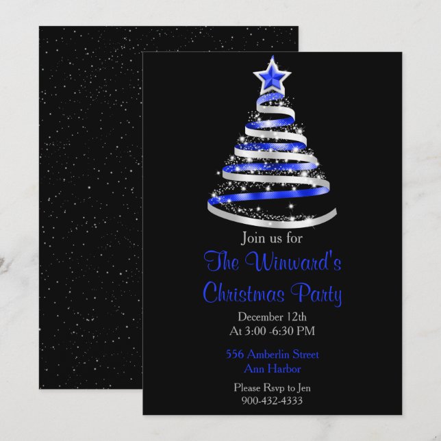Invitación Árbol de Navidad azul y plata (Anverso / Reverso)