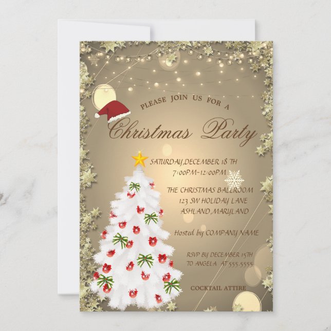 Invitación Árbol de Navidad Blanco, Estrellas Fiesta de Navid (Anverso)