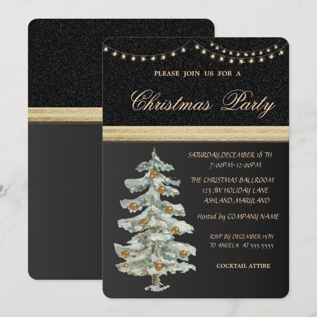 Invitación Árbol de Navidad, Bolas de Oro, Negro, Fiesta de N (Anverso / Reverso)