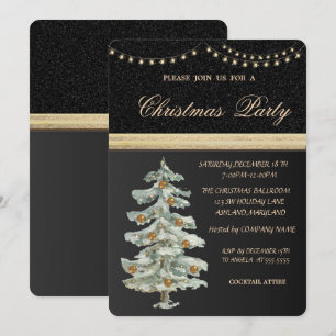 Invitación Árbol de Navidad,Bolas Doradas,Negro,Fiesta de Nav