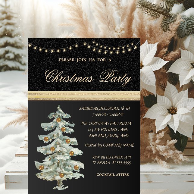 Invitación Árbol de Navidad,Bolas Doradas,Negro,Fiesta de Nav (Subido por el creador)