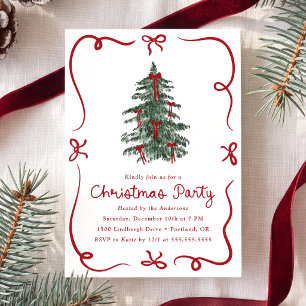 Invitación Árbol de Navidad Caprichoso Lazos Rojos Fiesta de 