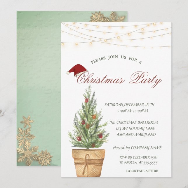 Invitación Árbol de Navidad Chic, Copos de Nieve de Oro Navid (Anverso / Reverso)