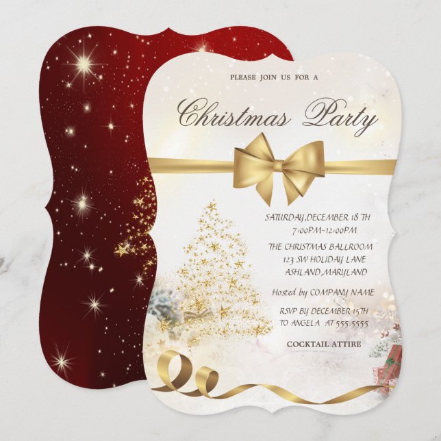 Invitación Árbol de Navidad Chic Stars, Lazo, Rojo, Fiesta de (Anverso / Reverso)