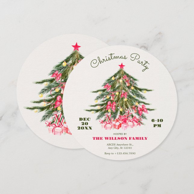 Invitación Árbol de Navidad con arco rosa y regalos (Anverso / Reverso)
