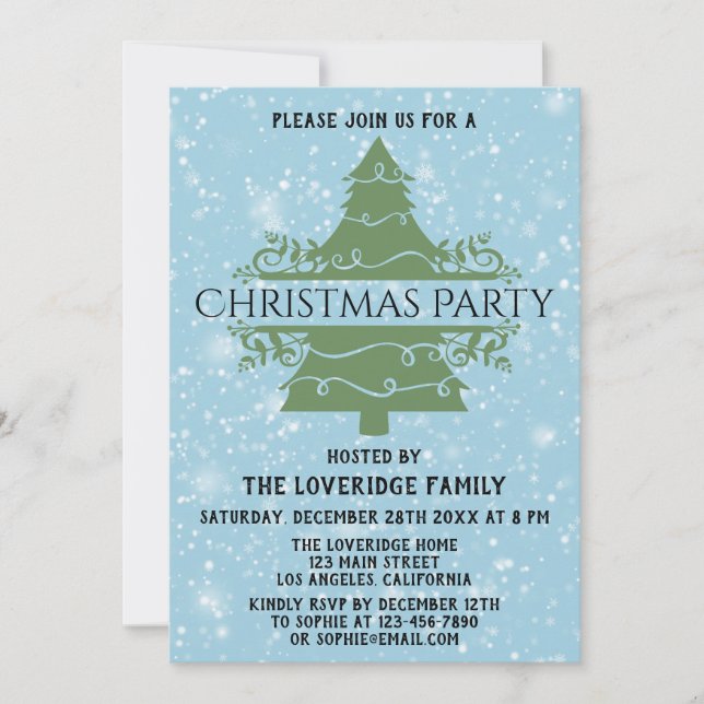 Invitación Árbol de Navidad con copos de nieve Chic Azul Fies (Anverso)