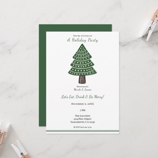 Invitación Árbol de Navidad con Estampado Simple Verde Mínimo (Anverso/Reverso In Situ)