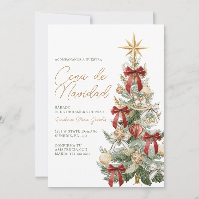 Invitación Árbol de Navidad con Lazo Rojo Cena De Navidad (Anverso)