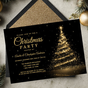 Invitación Árbol de Navidad con Luz Brillante Dorada para Fie