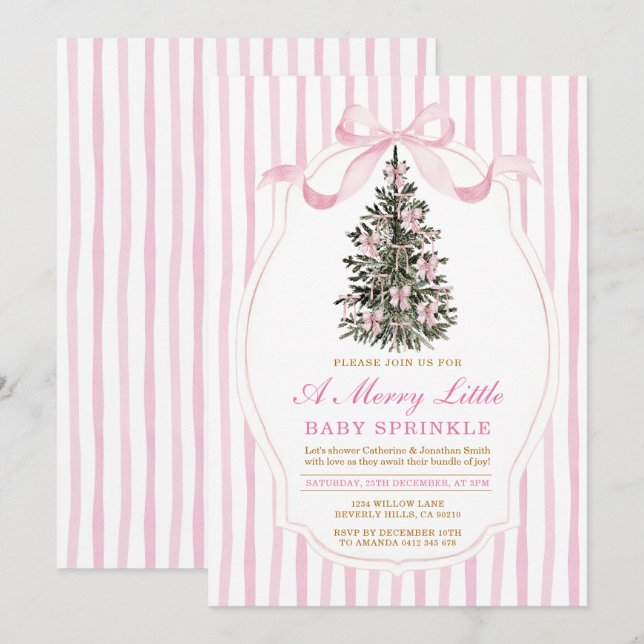 Invitación Árbol de Navidad con Sprinkle de Bebé Pink A Merry (Anverso / Reverso)