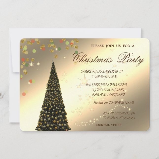 Invitación Árbol de Navidad, Confetti, Fiesta de Navidades co (Anverso)