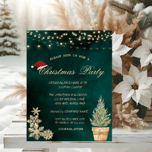 Invitación Árbol de Navidad, Copos de Nieve Dorados Fiesta de