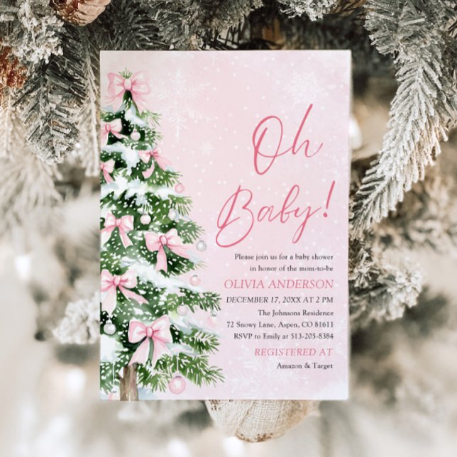 Invitación Árbol de Navidad de Bow Rosado Oh Baby Baby Shower (Subido por el creador)