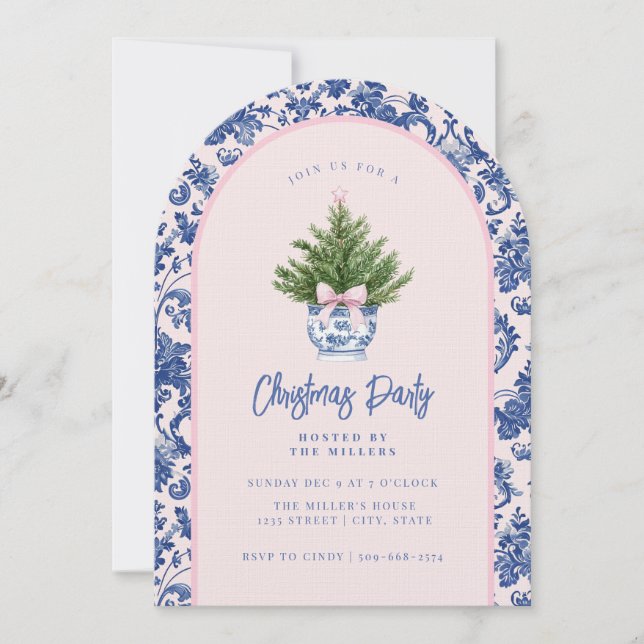 Invitación Árbol de Navidad de Damasco Azul y Rosa Abuelo (Anverso)