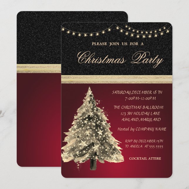 Invitación Árbol de navidad de estrellas, negro, Fiesta de Na (Anverso / Reverso)