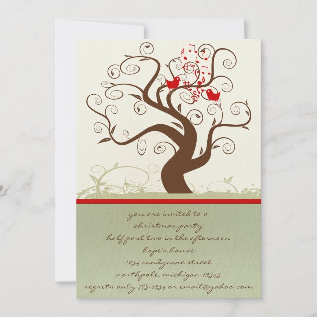 Invitación Árbol de Navidad de grano de madera de pájaro cant (Anverso)