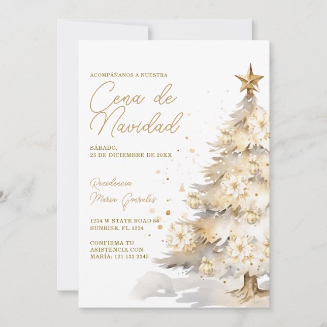 Invitación Árbol de Navidad de Oro Cena De Navidad Fiesta de  (Anverso)