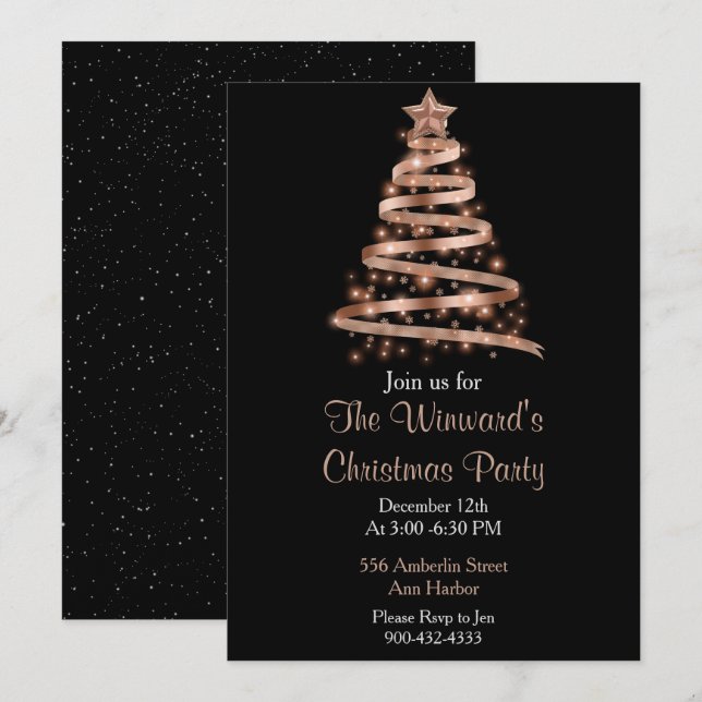 Invitación Árbol de Navidad de oro Rosa (Anverso / Reverso)