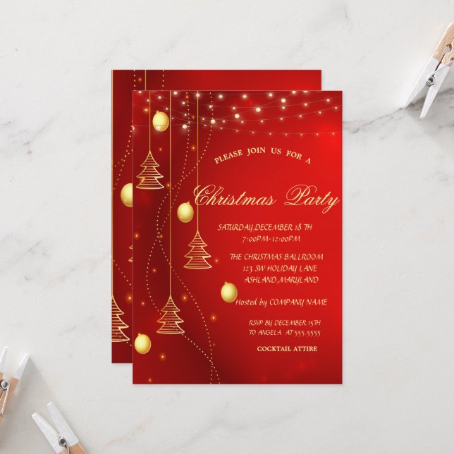 Invitación Árbol de Navidad dorado, Bolas Compañía de Navidad (Anverso/Reverso In Situ)