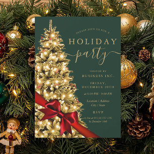 Invitación Árbol de Navidad dorado con lazo rojo Fiesta corpo