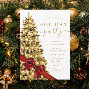 Invitación Árbol de Navidad dorado con lazo rojo Fiesta de Na