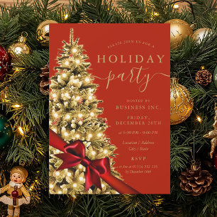 Invitación Árbol de Navidad dorado con lazo rojo Fiesta navid