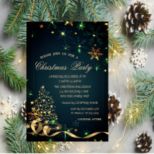 Invitación Árbol de Navidad dorado copos de nieve de Navidad 