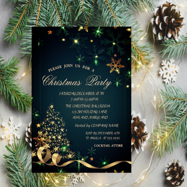 Invitación Árbol de Navidad dorado copos de nieve de Navidad  (Subido por el creador)