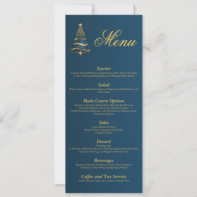 Invitación Árbol de Navidad Dorado Elegante Menú de Boda (Anverso)