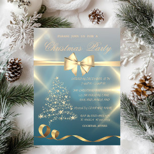 Invitación Árbol de Navidad dorado,Estrellas,Lazo Fiesta de N