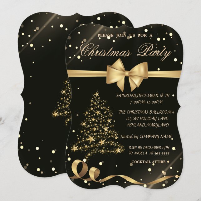 Invitación Árbol de Navidad dorado, lazo, fiesta de Navidad n (Anverso / Reverso)