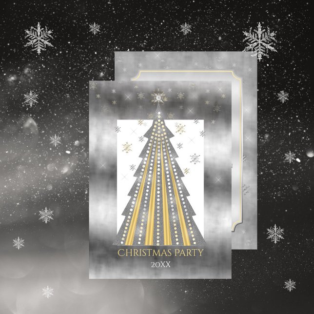 Invitación Árbol de Navidad dorado plateado | Fiesta de copos (Subido por el creador)