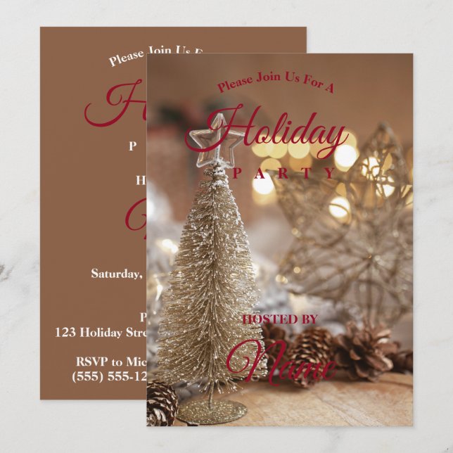 Invitación Árbol de Navidad dorado, Purpurinoso de estrellas (Anverso / Reverso)