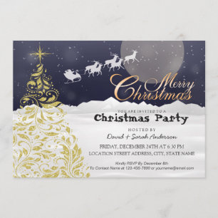 Invitación Árbol de Navidad dorado y Fiesta de renos de Santa